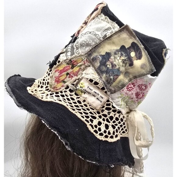 OOAK Magnolia Boho Stove Pipe Top Hat Indie Upcycled Cat Floppy Adjustable S - L - Picture 1 of 16